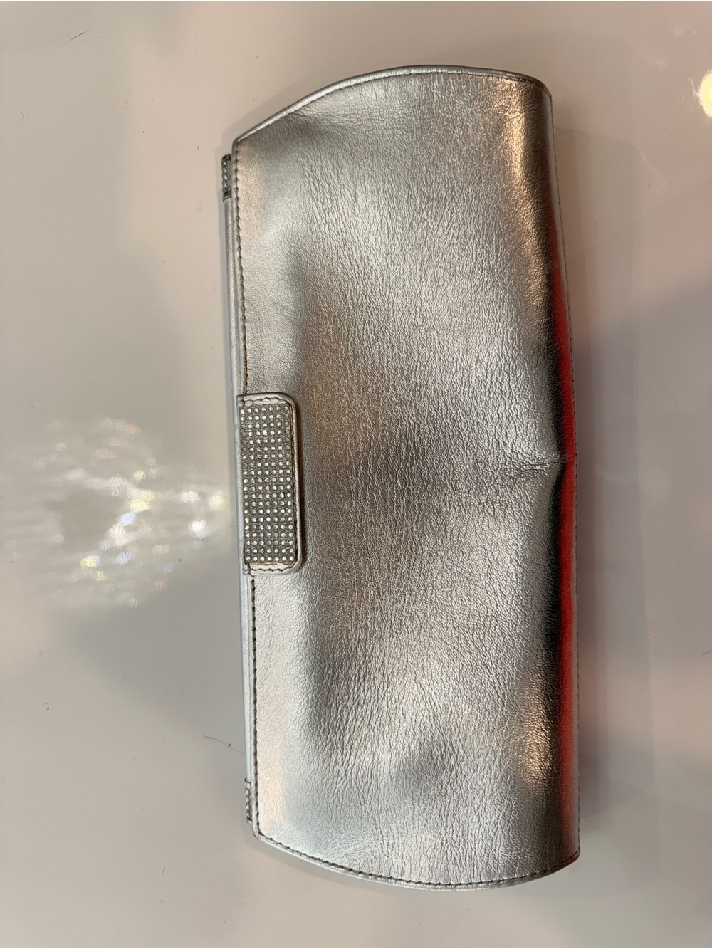 Stuart Weitzman Silver Metallic Leather Evening Clutch Crystal Made Spain